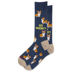 A pair of navy blue crew socks with a repeating pattern of corgi dogs and the yellow text 'GO SHORTY', shown on a plain white background.