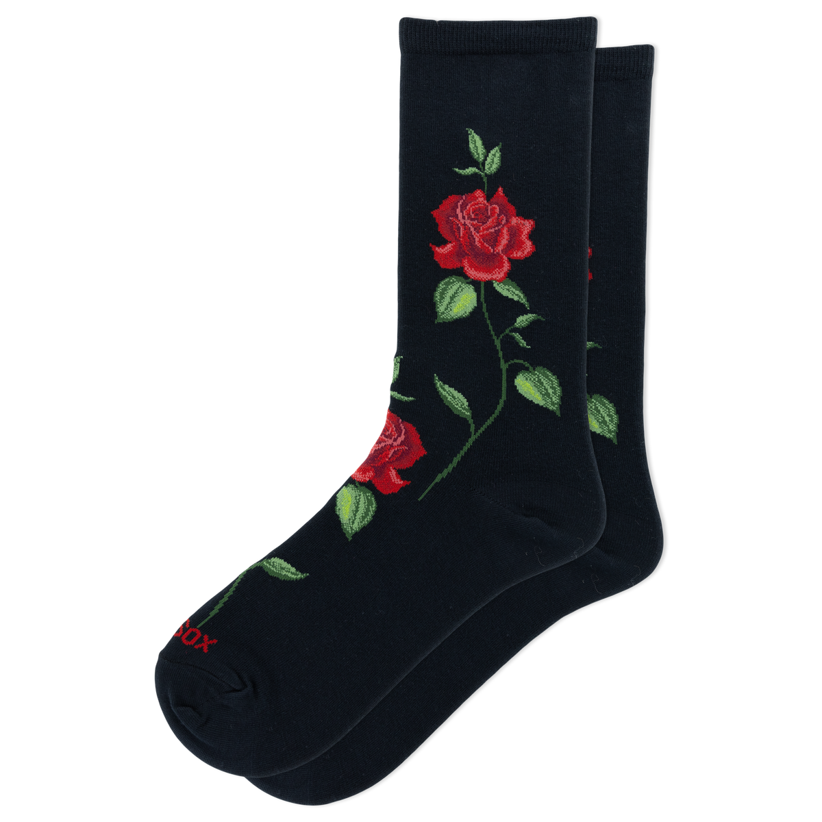 A pair of black crew socks featuring a red rose and green stem pattern, with the brand name 'HOTSOX' printed in red near the toe.