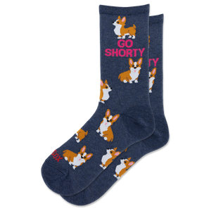 A pair of navy blue crew socks featuring a repeating pattern of corgi dogs and the pink text 'GO SHORTY'.