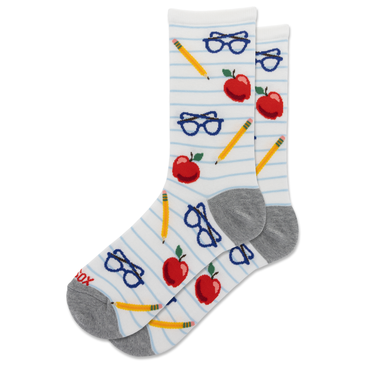 A pair of crew socks with a school-themed pattern featuring red apples, yellow pencils, and blue glasses on a white background with light blue horizontal stripes, set against a plain white background.