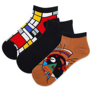 Three pairs of women's ankle socks with abstract geometric patterns in a variety of colors, positioned side by side.