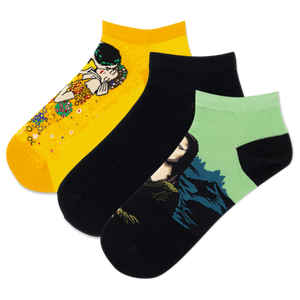 Three pair pack of HOTSOX low cut socks featuring Kandinsky's "The Kiss" and Leonardo da Vinci's "Mona Lisa"