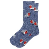 A pair of heathered blue crew socks featuring a repeating pattern of red, white, and black birds, displayed against a solid white background.