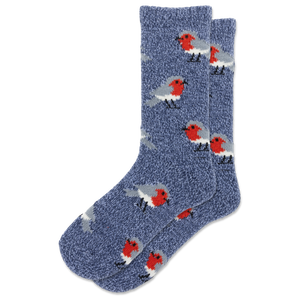 A pair of heathered blue crew socks featuring a repeating pattern of red, white, and black birds, displayed against a solid white background.