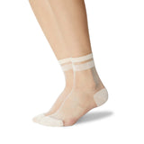 A pair of sheer nude ankle socks with double horizontal bands near the top, shown worn on a model's feet against a white background. thumbnail