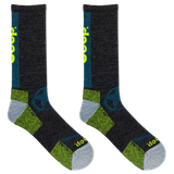 Pair of black socks with green and gray accents on a white background thumbnail
