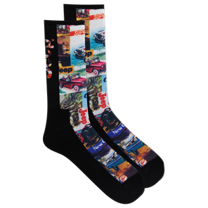 Jeep socks with a print of different illustrations of Jeep vehicles.