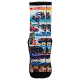 Jeep socks with a print of different illustrations of Jeep vehicles. thumbnail