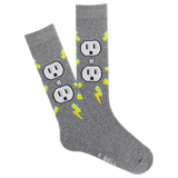 A pair of men's crew socks with a shocked face and electrical outlet design, primarily in gray color with yellow and blue accents.