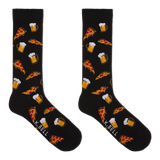 Black socks with pizza and beer pattern on a black background