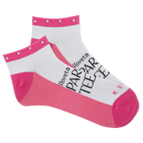 A pair of women's low-cut socks with pink and white colors, featuring text that reads 'I love to par-tee' and the K.Bell logo. thumbnail