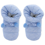 Pair of blue baby booties with pom-poms on a white background thumbnail