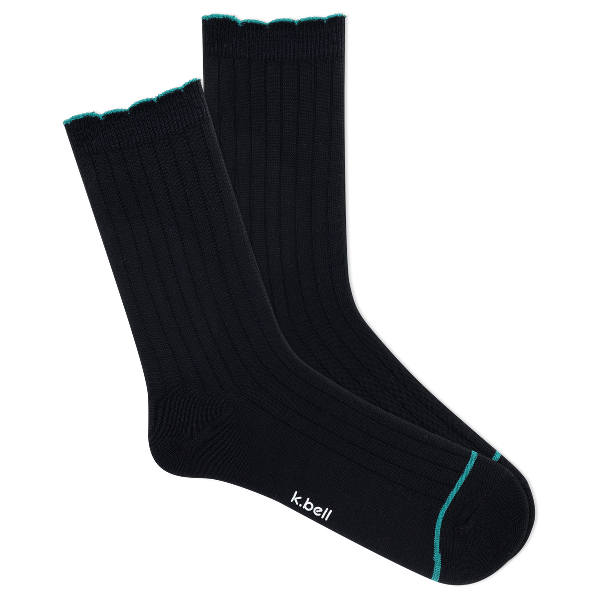 Pair of black K.bell socks with blue trim detailing on a white background