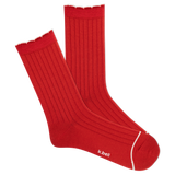 Red ribbed socks with white trim on a white background thumbnail