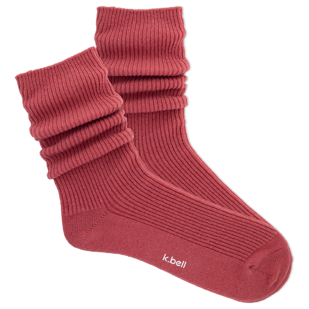 Red ribbed women's slouch sock on a white background