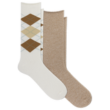 Two pairs of crew socks arranged overlapping on a white background. The front pair is white with an argyle diamond pattern in brown, tan, and light blue.