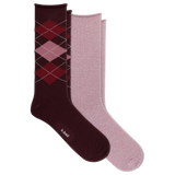 Two pairs of crew socks arranged overlapping on a white background: one dark burgundy pair with an argyle diamond pattern in red and pink and one heathered dusty pink pair. The burgundy sock has the brand name 'k.bell' printed near the foot. thumbnail