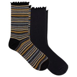 Two pairs of crew socks on a plain white background. One pair is solid black with a ruffled cuff, and the other pair has horizontal stripes in black, gray, and metallic gold with a ruffled cuff.