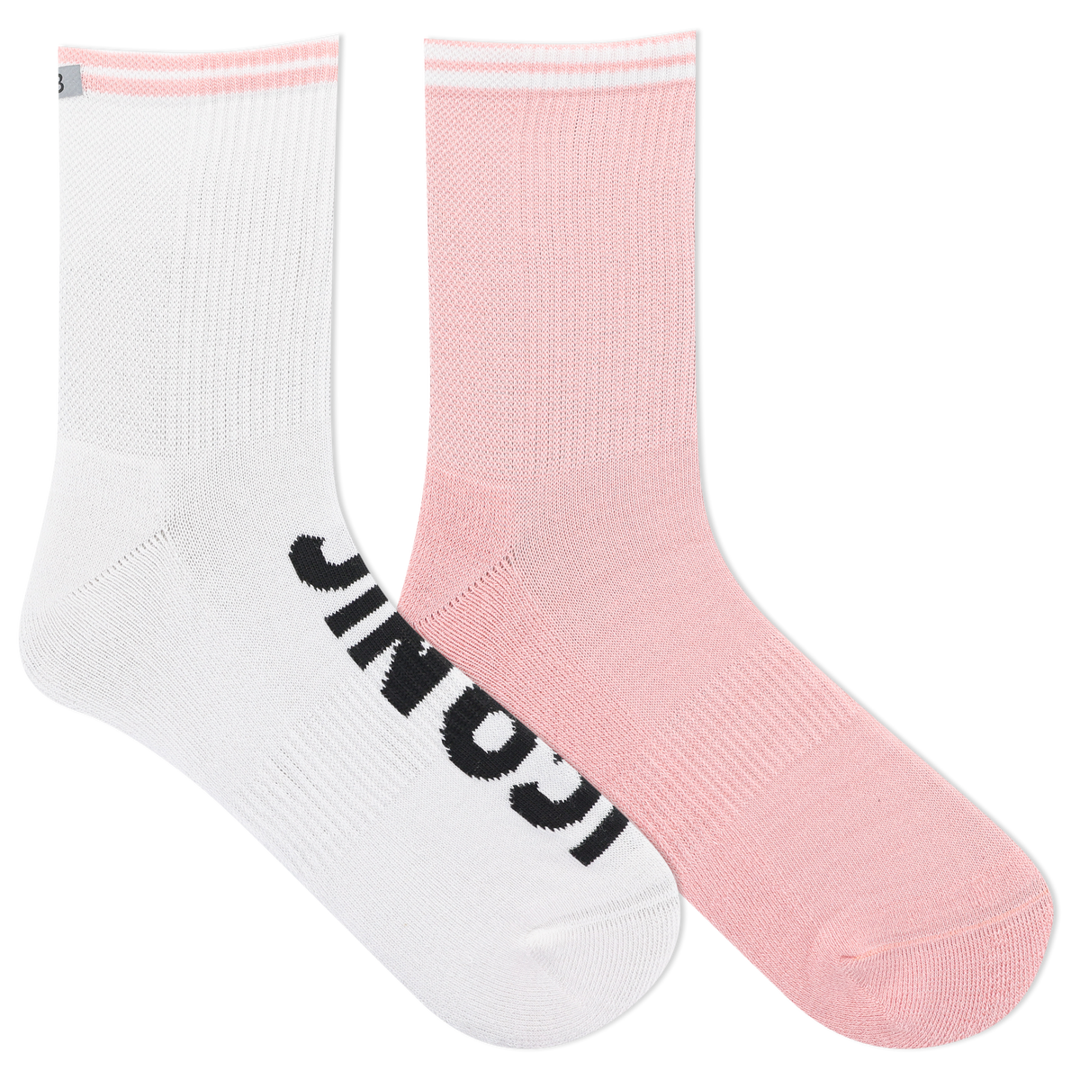 Two socks, one white and one pink, with a brand logo on a white background.