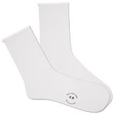 White socks with a smiley face and text on a white background