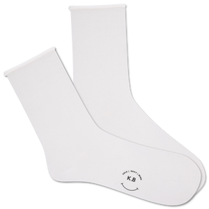 White socks with a smiley face and text on a white background