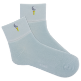 Light blue socks with embroidered designs on a white background thumbnail