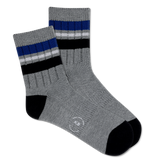 A pair of men's short crew socks with a striped pattern in gray, black, and blue colors.