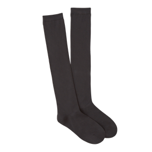 A pair of black knee high socks, displayed against a white background.