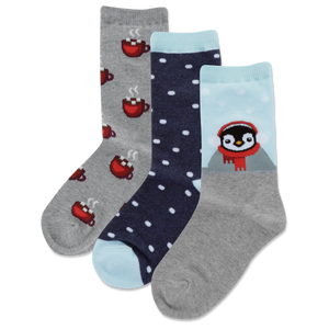 HOTSOX Kid's Penguin Hot Cocoa Crew Socks 3 Pair Pack
