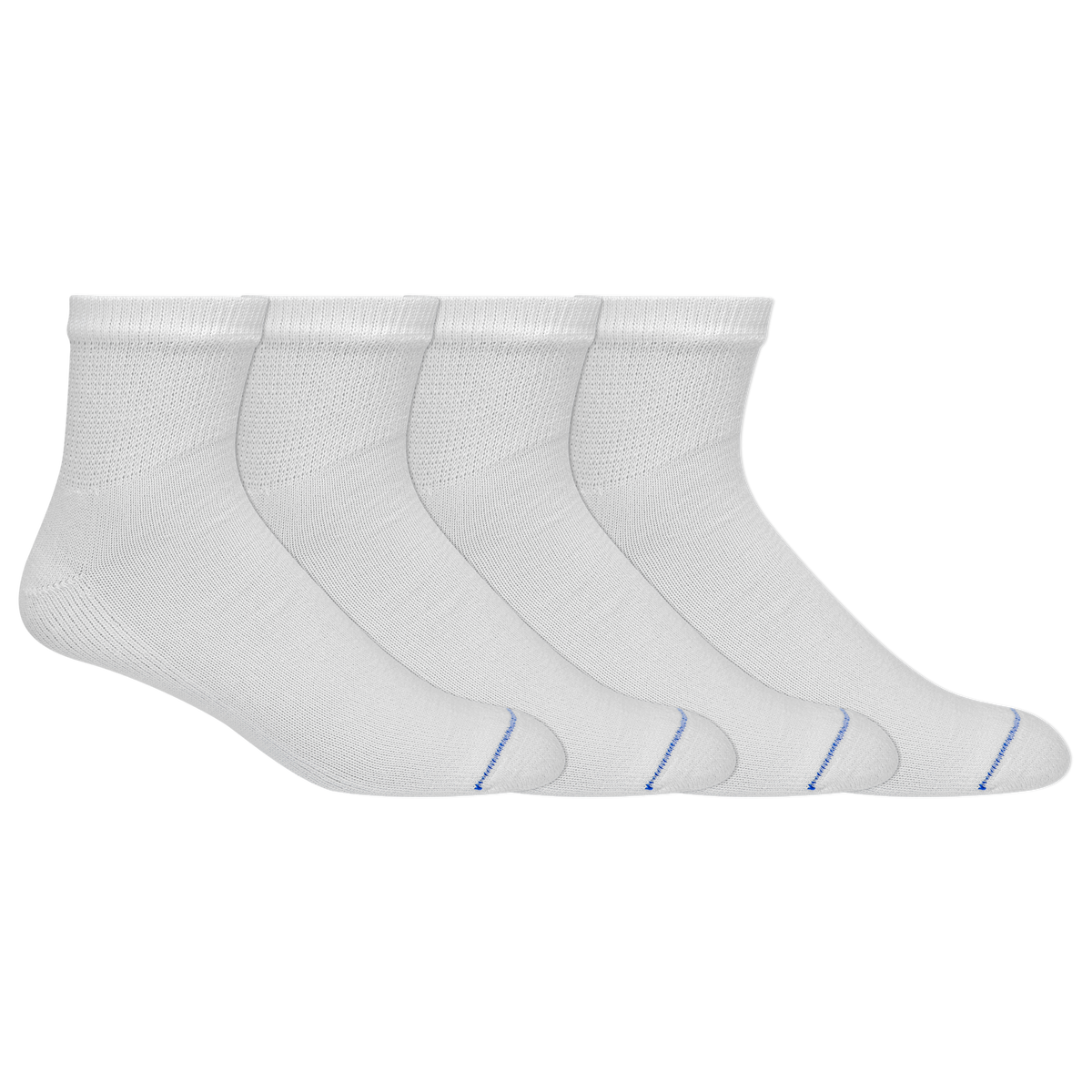 Four pairs of white quarter socks displayed side by side.