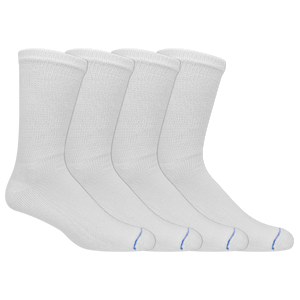 Four pairs of white crew socks arranged in a row, showing a textured knit pattern and a small blue stripe detail near the toes, on a solid white background.