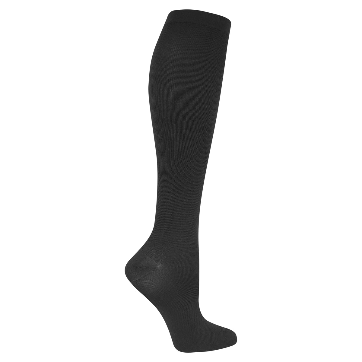 A pair of knee-high graduated compression socks for women, in black color, showcasing the side profile with the foot area visible.