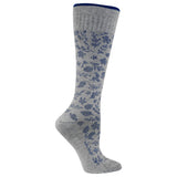 Gray compression sock with blue floral pattern on a white background thumbnail