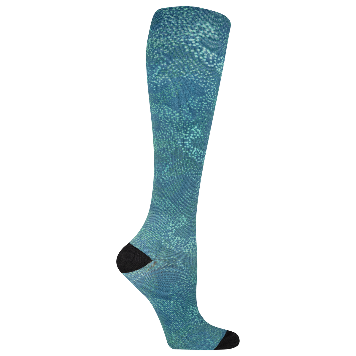 Teal knee-high compression sock with black toe and heel on a white background