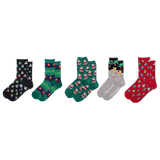 Set of five pairs of patterned socks on a white background
