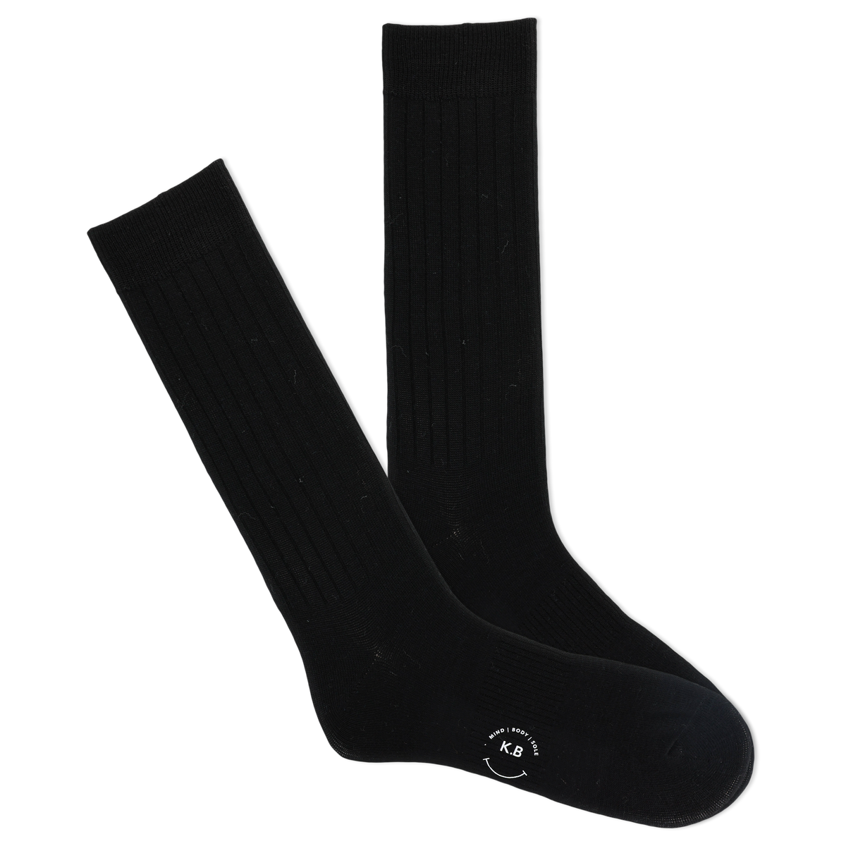 A pair of black ribbed crew socks with a visible K.Bell brand logo on the sole.
