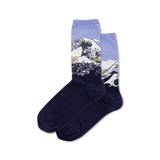 Navy and light purple socks with Hokusai's The Wave design on a white background