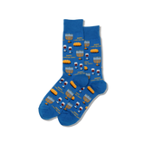 Blue socks with Hanukkah-themed designs on a white background thumbnail
