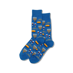 Blue socks with Hanukkah-themed designs on a white background