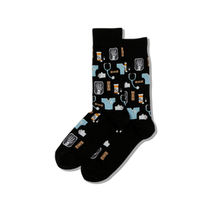 Black socks with medical-themed pattern on a white background