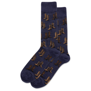 Navy blue socks with brown cowboy boot pattern on a white background