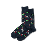 Pair of dark blue socks with dog pattern on a white background