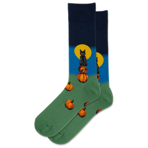 Navy HOTSOX Men's Black Cat with Pumpkins Crew Sock