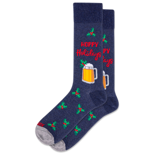 Navy blue sock with 'Happy Holidays' text and beer mug design on a white background