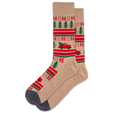Beige sock with red truck and green tree pattern on a white background