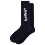 Black socks with a statue and Santa hat design on a white background