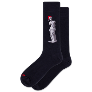 Black socks with a statue and Santa hat design on a white background
