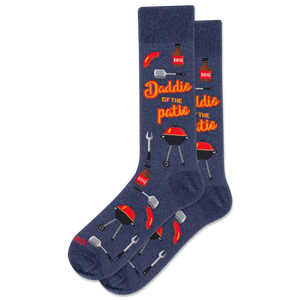 Blue socks with barbecue-themed design and 'Daddio of the patio' text on a white background