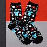 Pair of socks with medical-themed design on a red and gray background thumbnail
