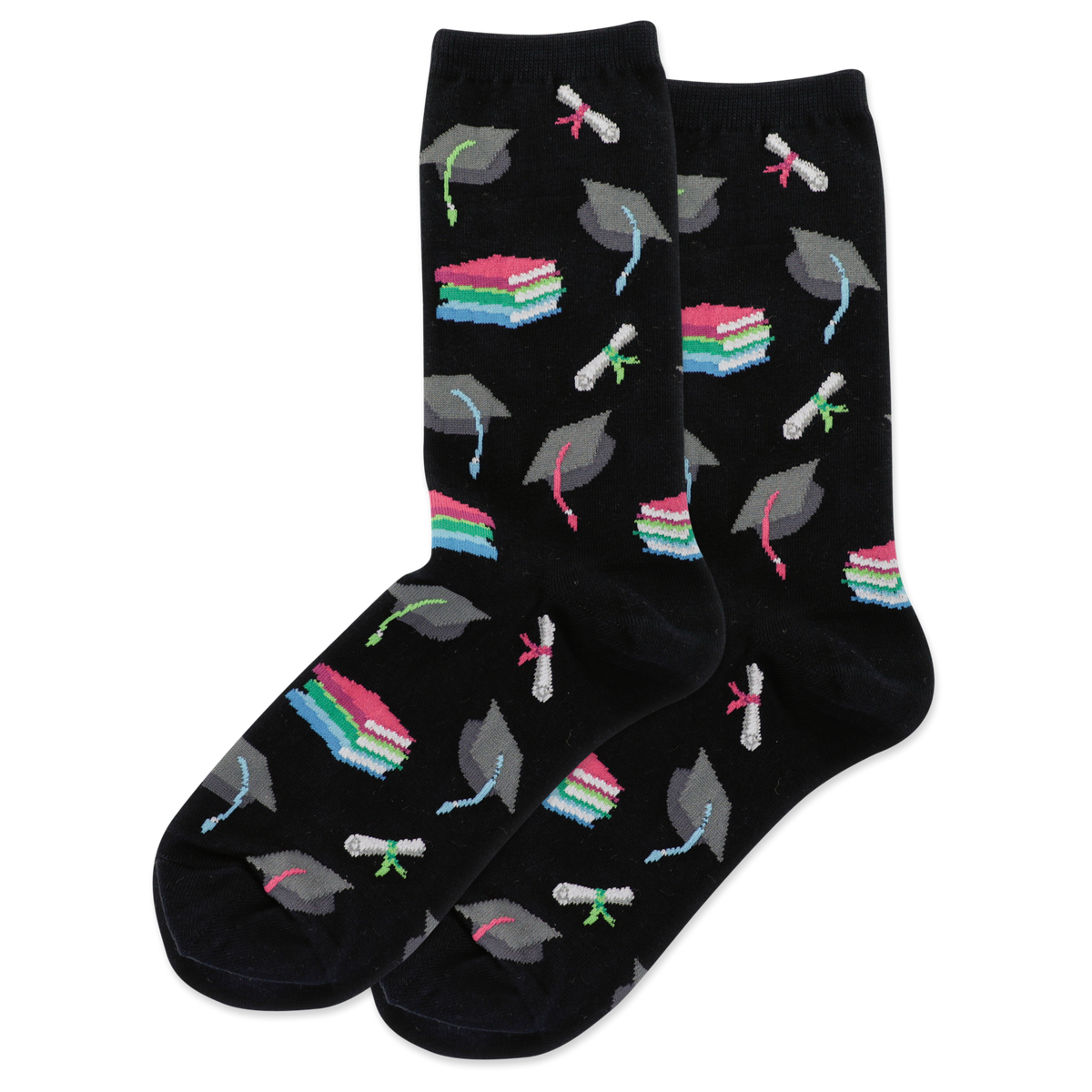 Black socks with graduation cap and diploma pattern on a white background